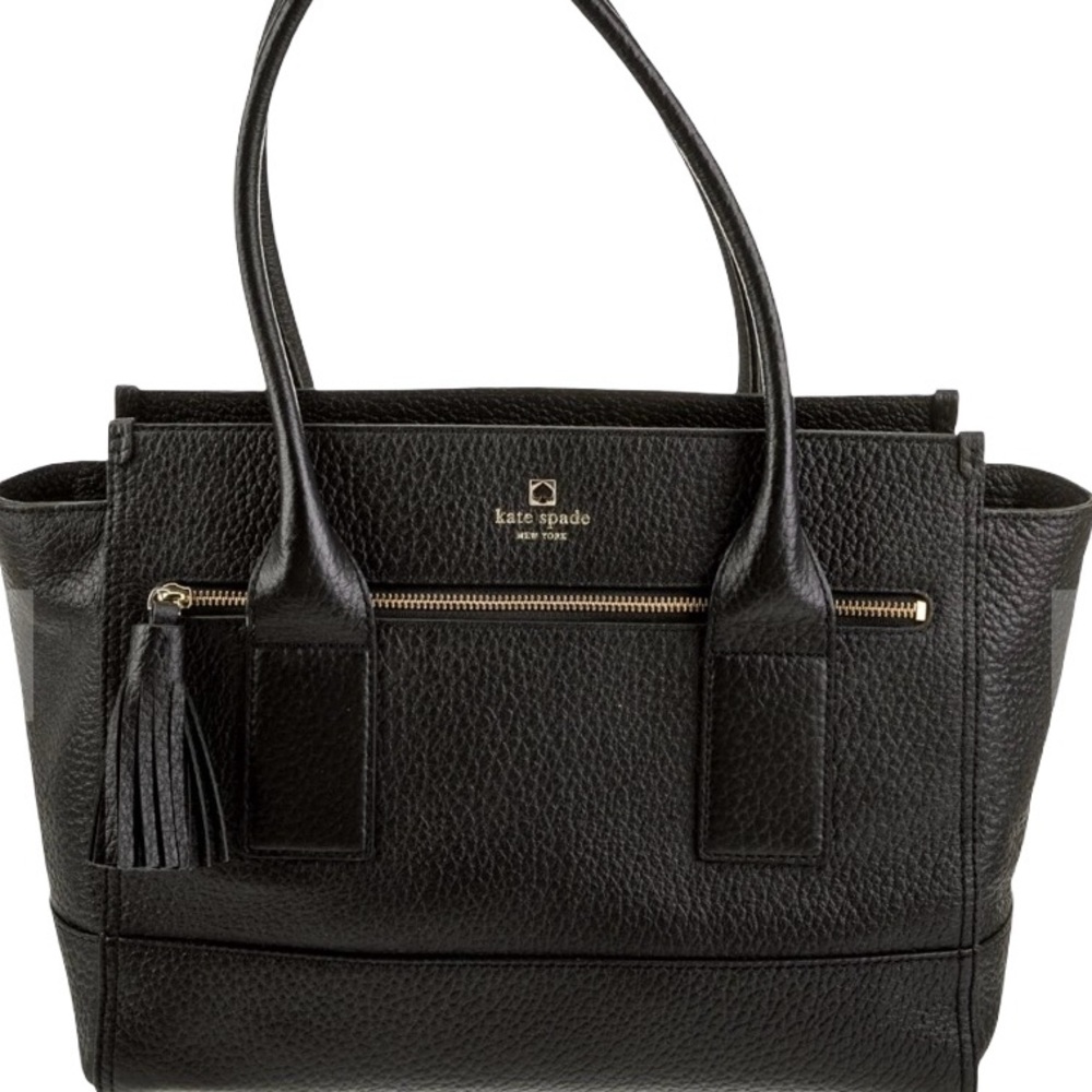 kate spade Black Pebbled Leather Shoulder Tote with Tassel